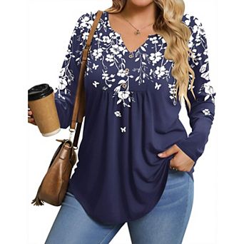 Zeagoo Women's Long Sleeve Pleated Floral Boho Blouse Button Down V Neck Basic Tops