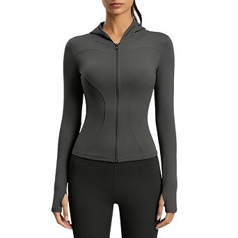 Women's Hooded Workout Jacket Long Sleeve Lightweight Stretch Zip Up Yoga Running Cycling Tops