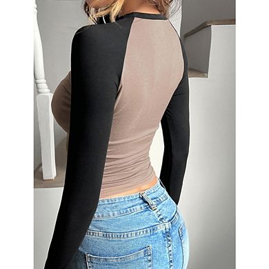 Womens Raglan Long Sleeve Y2K Shirts Causal Slim Fit Stretchy T-Shirt