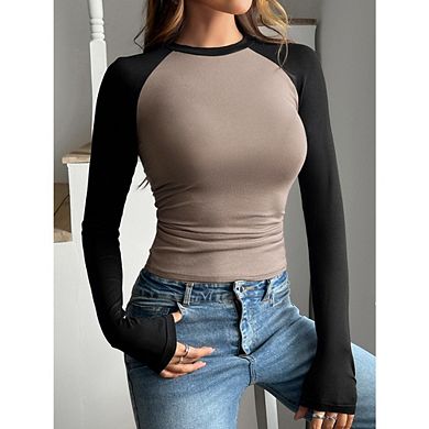 Womens Raglan Long Sleeve Y2K Shirts Causal Slim Fit Stretchy T-Shirt