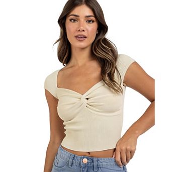 Women's Twist Front Ribbed Knit Crop Top, Sweetheart Neck Short Sleeve Fitted Casual Blouse