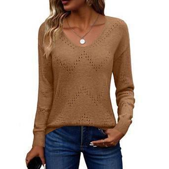 Zeagoo Women's Hollow Out Long Sleeve Cold Shoulder Sweaters Casual Holiday Vacation Outfits