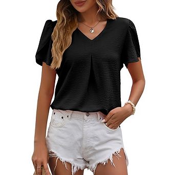 Womens Short Sleeve Shirts Dressy Casual V Neck Chiffon Work Blouse Tops