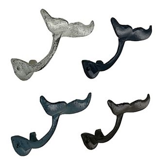 Zeckos Colorful Coastal Cast Iron Whale Tail Set of 4 Wall Hooks