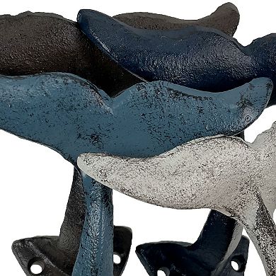 Zeckos Colorful Coastal Cast Iron Whale Tail Set of 4 Wall Hooks