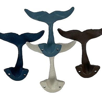 Zeckos Colorful Coastal Cast Iron Whale Tail Set of 4 Wall Hooks