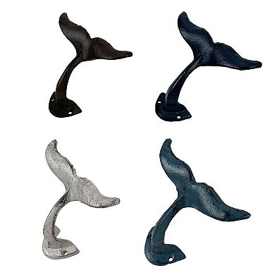 Zeckos Colorful Coastal Cast Iron Whale Tail Set of 4 Wall Hooks