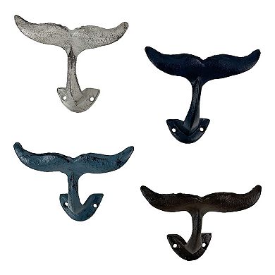 Zeckos Colorful Coastal Cast Iron Whale Tail Set of 4 Wall Hooks