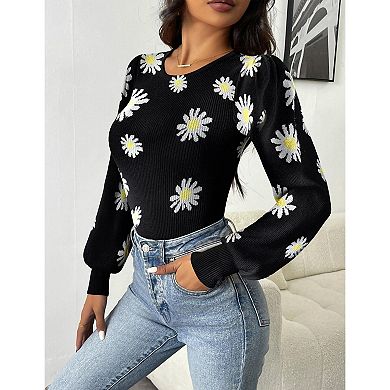 Zeagoo Women's Long Puff Sleeve Sweater, Fall Slim Fit Pullover, Crewneck Ribbed Knit Bodysuit