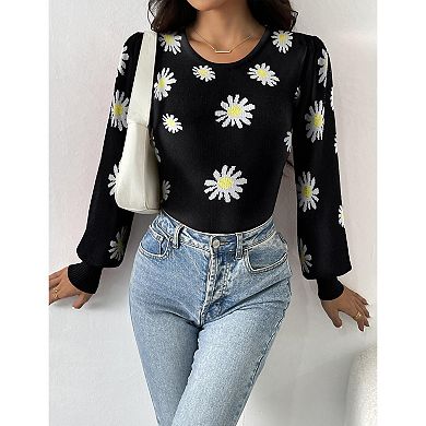 Zeagoo Women's Long Puff Sleeve Sweater, Fall Slim Fit Pullover, Crewneck Ribbed Knit Bodysuit