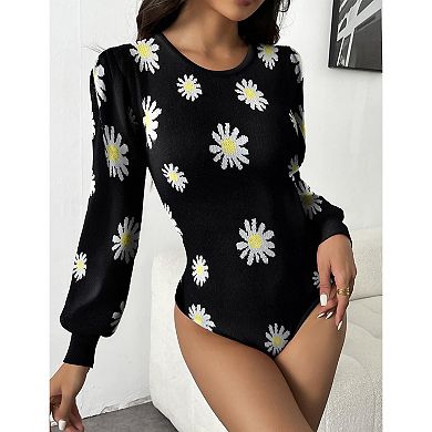 Zeagoo Women's Long Puff Sleeve Sweater, Fall Slim Fit Pullover, Crewneck Ribbed Knit Bodysuit