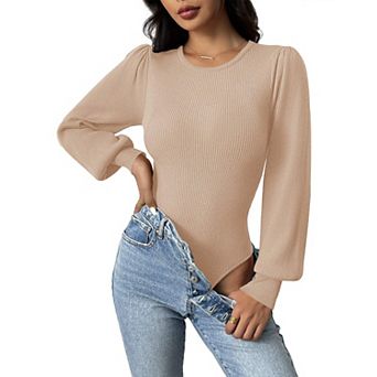 Zeagoo Women's Long Puff Sleeve Sweater, Fall Slim Fit Pullover, Crewneck Ribbed Knit Bodysuit