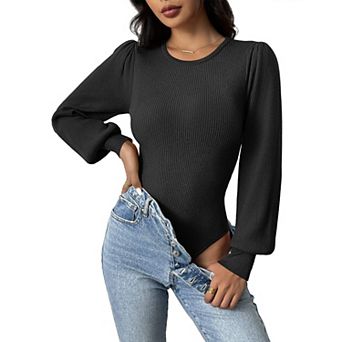 Zeagoo Women's Long Puff Sleeve Sweater, Fall Slim Fit Pullover, Crewneck Ribbed Knit Bodysuit