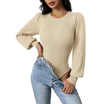 Zeagoo Women's Long Puff Sleeve Sweater, Fall Slim Fit Pullover, Crewneck Ribbed Knit Bodysuit