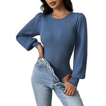 Zeagoo Women's Long Puff Sleeve Sweater, Fall Slim Fit Pullover, Crewneck Ribbed Knit Bodysuit