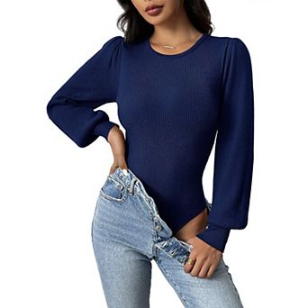 Zeagoo Women's Long Puff Sleeve Sweater, Fall Slim Fit Pullover, Crewneck Ribbed Knit Bodysuit