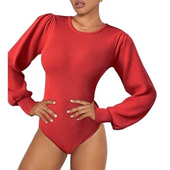 Zeagoo Women's Long Puff Sleeve Sweater, Fall Slim Fit Pullover, Crewneck Ribbed Knit Bodysuit