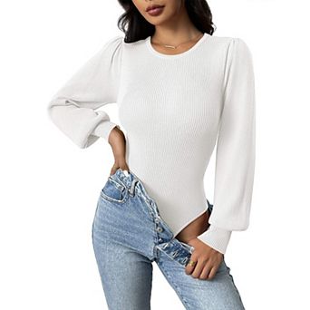 Zeagoo Women's Long Puff Sleeve Sweater, Fall Slim Fit Pullover, Crewneck Ribbed Knit Bodysuit