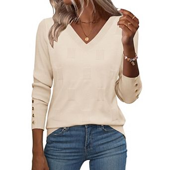 Zeagoo Women's Lightweight Long Sleeve Fall V Neck Sweaters, Ribbed Knit Dressy Holiday Tops