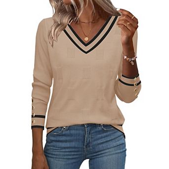 Zeagoo Women's Lightweight Long Sleeve Fall V Neck Sweaters, Ribbed Knit Dressy Holiday Tops