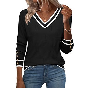 Zeagoo Women's Lightweight Long Sleeve Fall V Neck Sweaters, Ribbed Knit Dressy Holiday Tops