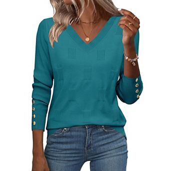 Zeagoo Women's Lightweight Long Sleeve Fall V Neck Sweaters, Ribbed Knit Dressy Holiday Tops