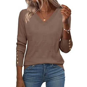 Zeagoo Women's Lightweight Long Sleeve Fall V Neck Sweaters, Ribbed Knit Dressy Holiday Tops