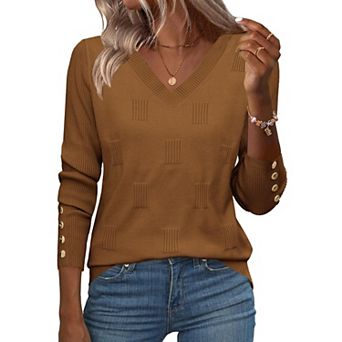 Zeagoo Women's Lightweight Long Sleeve Fall V Neck Sweaters, Ribbed Knit Dressy Holiday Tops