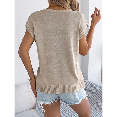 Women's Crew Neck Short Sleeve Sweater Cable Knit Loose Fit Casual Top