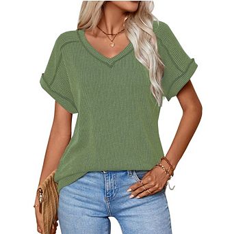 Womens V-Neck Cap Sleeve Ribbed Tee Women's Loose Fit Business Casual Top