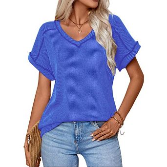 Womens V-Neck Cap Sleeve Ribbed Tee Women's Loose Fit Business Casual Top