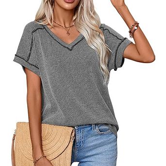 Womens V-Neck Cap Sleeve Ribbed Tee Women's Loose Fit Business Casual Top