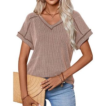 Womens V-Neck Cap Sleeve Ribbed Tee Women's Loose Fit Business Casual Top