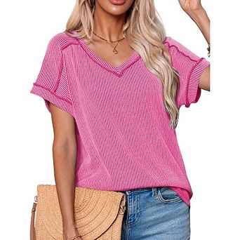 Womens V-Neck Cap Sleeve Ribbed Tee Women's Loose Fit Business Casual Top