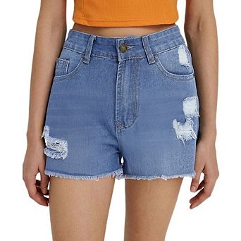 Women High Waisted Stretchy Denim Shorts Casual Summer Frayed Raw Hem Distressed Ripped Short Jeans