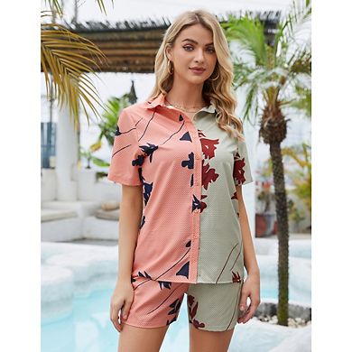 Women Colorblock 2 Piece Outfits Set Short Sleeve Button Down Shirtand Shorts