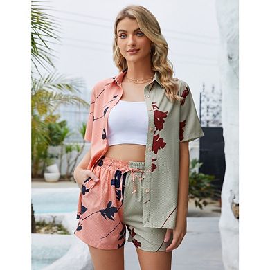 Women Colorblock 2 Piece Outfits Set Short Sleeve Button Down Shirtand Shorts