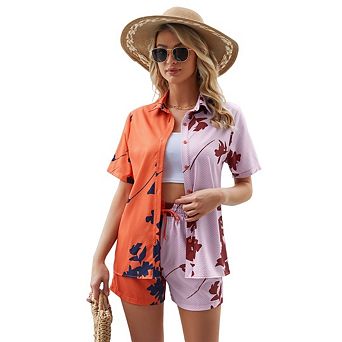 Women Colorblock 2 pc Outfits Set Short Sleeve Button Down Shirtand Shorts