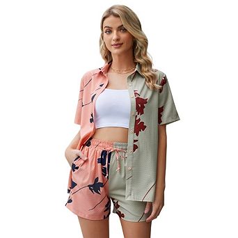 Women Colorblock 2 pc Outfits Set Short Sleeve Button Down Shirtand Shorts