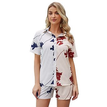 Women Colorblock 2 pc Outfits Set Short Sleeve Button Down Shirtand Shorts