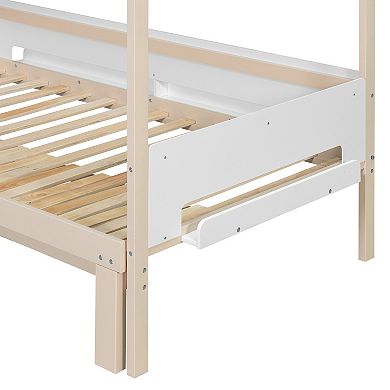 Pnronnc Twin Over Twin/Full Bunk Bed House-Shaped Frame Wood Kids Bed with Slide & Storage Staircase
