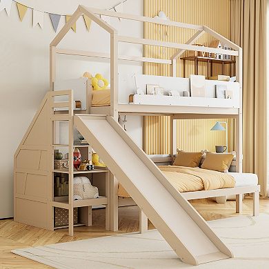 Pnronnc Twin Over Twin/Full Bunk Bed House-Shaped Frame Wood Kids Bed with Slide & Storage Staircase