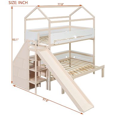 Pnronnc Twin Over Twin/Full Bunk Bed House-Shaped Frame Wood Kids Bed with Slide & Storage Staircase
