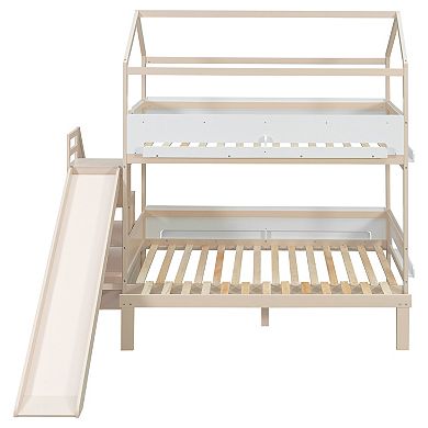 Pnronnc Twin Over Twin/Full Bunk Bed House-Shaped Frame Wood Kids Bed with Slide & Storage Staircase