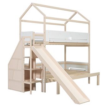 Pnronnc Twin Over Twin/Full Bunk Bed House-Shaped Frame Wood Kids Bed with Slide & Storage Staircase