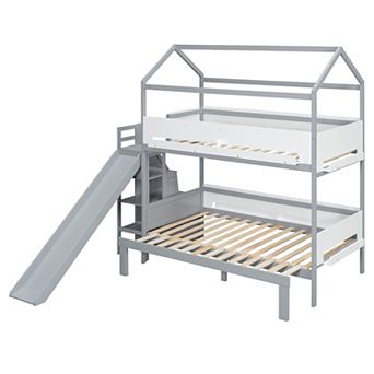 Pnronnc Twin Over Twin/Full Bunk Bed House-Shaped Frame Wood Kids Bed with Slide & Storage Staircase
