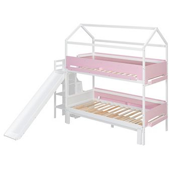Pnronnc Twin Over Twin/Full Bunk Bed House-Shaped Frame Wood Kids Bed with Slide & Storage Staircase