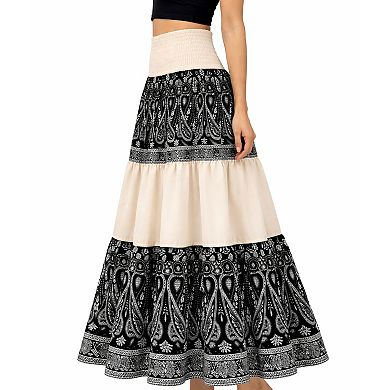 Artyska Women’s Boho Tiered Paisley Maxi Skirt with Smocked Waist