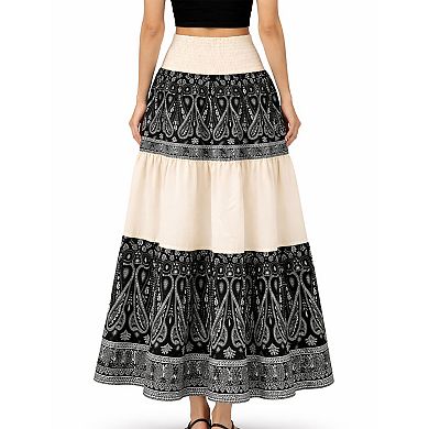 Artyska Women’s Boho Tiered Paisley Maxi Skirt with Smocked Waist
