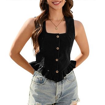 Women's Versatile Blazer Vest Waistcoat Vest Top Square Neck Ruffled Corset Vest Dressy Button Down
